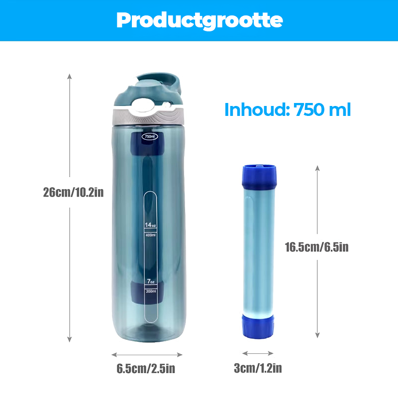 Waterfilter Fles 750ML - Outdoor &amp; Noodvoorziening